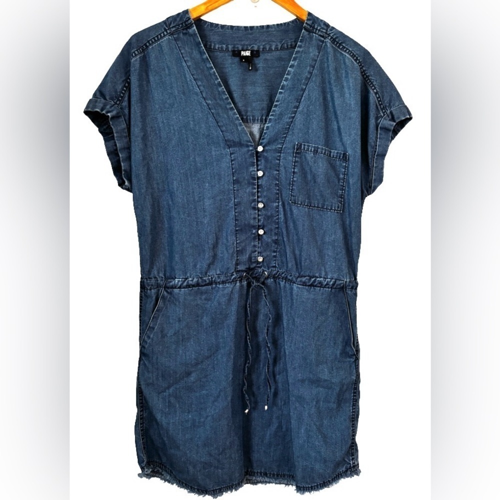 PAIGE Haidee blue cottn/tencel blnd chmbry frng hem mini drss SZ S coastal - Picture 3 of 14